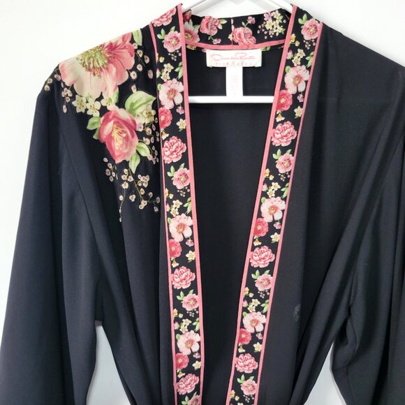 Oscar De La Renta Robe Small Women's Vintage Pink Label Black Floral Embroidered - Picture 2 of 4